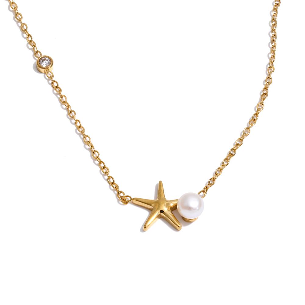Yhpup Ocean Series Stainless Steel Natural Pearl Starfish Drop Necklace Summer Popular Aesthetic Jewelry Recommend
