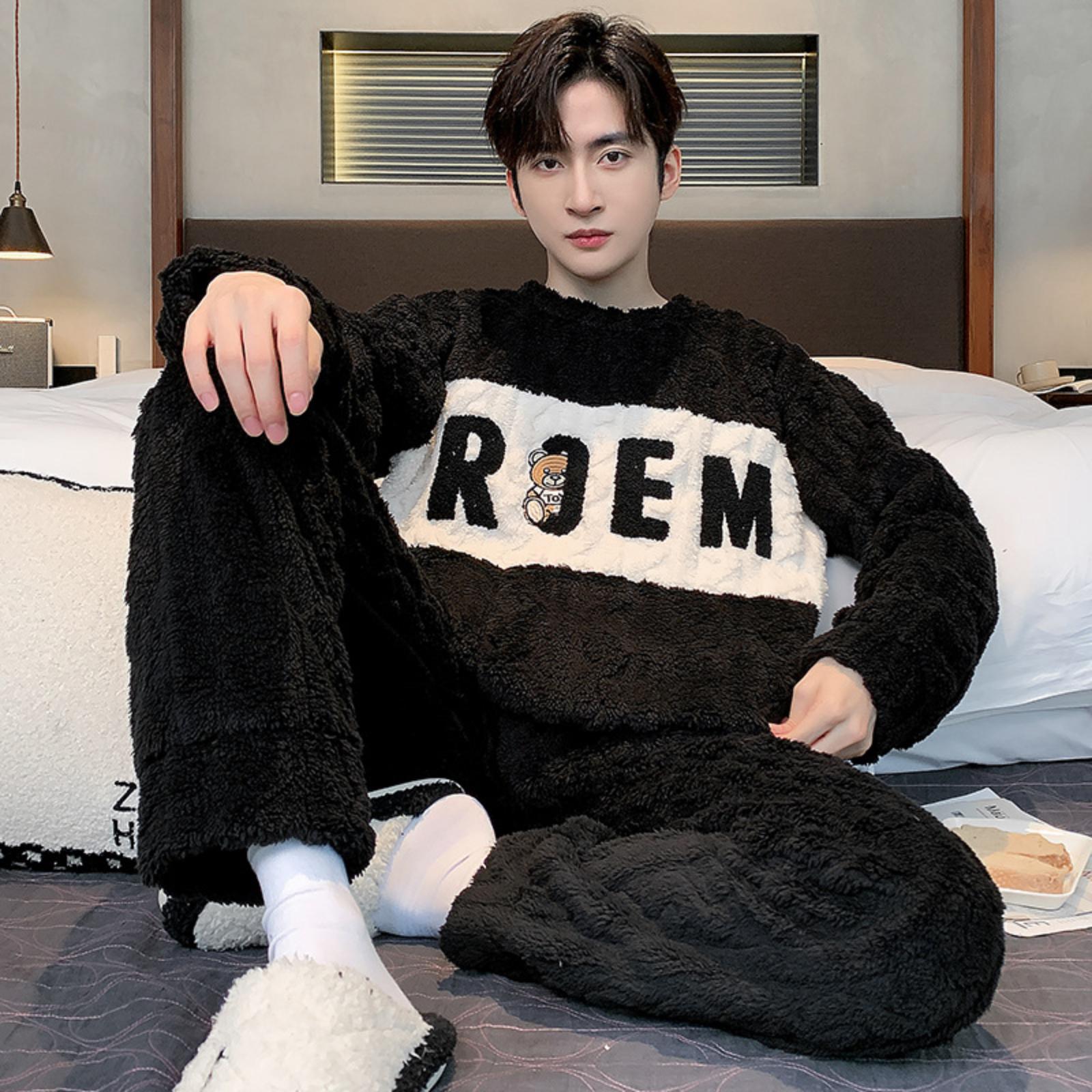 

Мужской утолщенный пижамный комплект из кораллового флиса для осени/зимы, фланель на флисовой подкладке, мужская зимняя домашняя одежда, большие размеры M чёрный