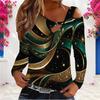 Women Plus Size Asymmetric Cutout Neck Cold Shoulder Long Sleeve Black Gold Printed Fitted Top