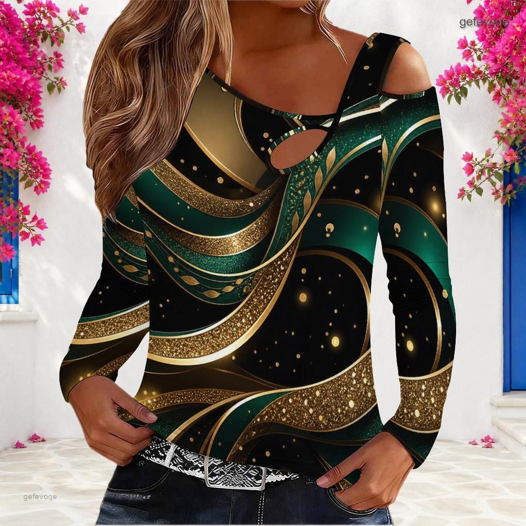 Women Plus Size Asymmetric Cutout Neck Cold Shoulder Long Sleeve Black Gold Printed Fitted Top