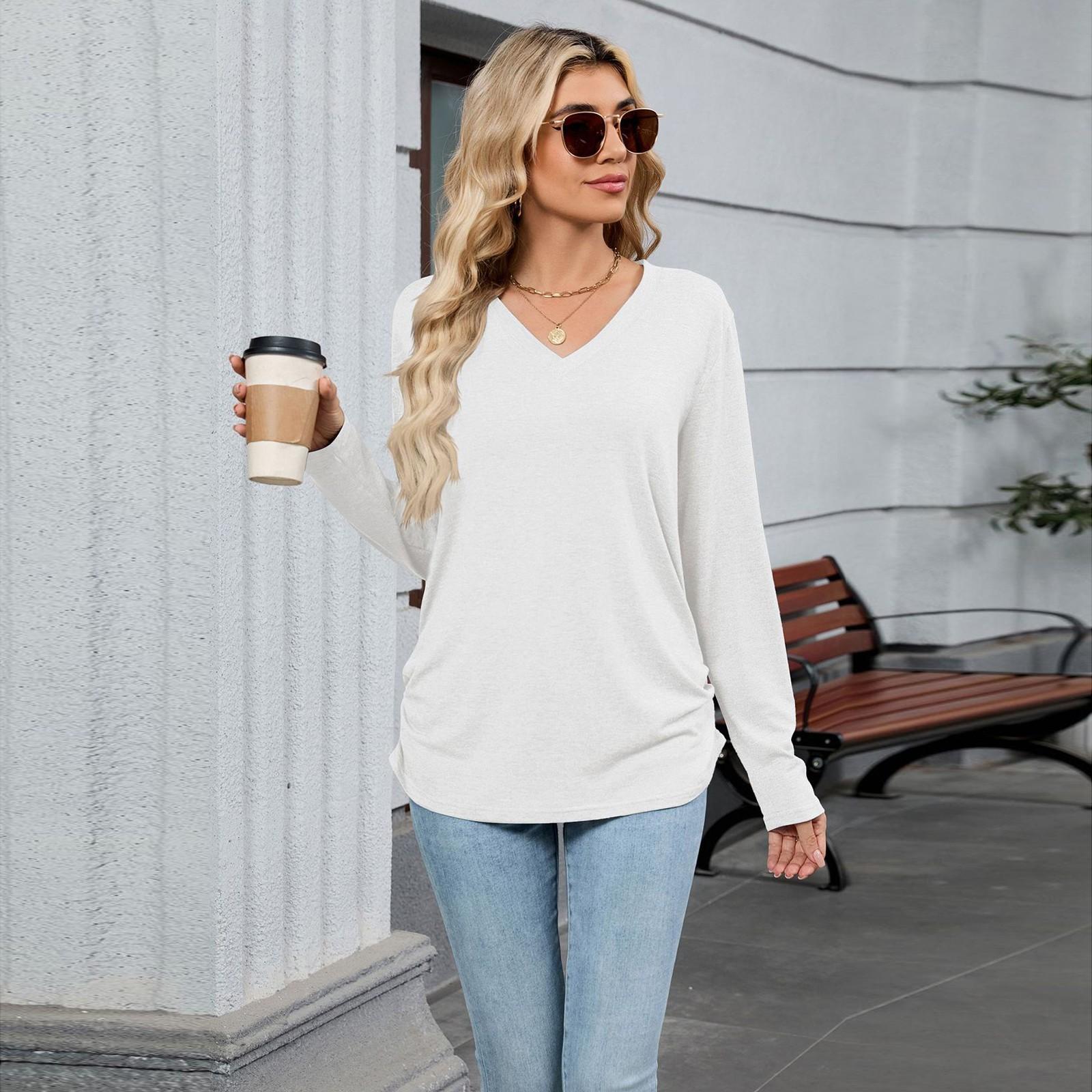 

T Shirts For Women Pleated V-Neck Dressy Casual Blouses Printing Short Sleeve Summer Tops Loose Fit XL белый