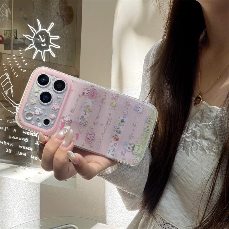 Cute Pink Cartoon Animals Glitter Phone Case For iPhone 17 16 15 14 Pro Max Kawaii Bunny Charm Wrist Strap Protective Cover for