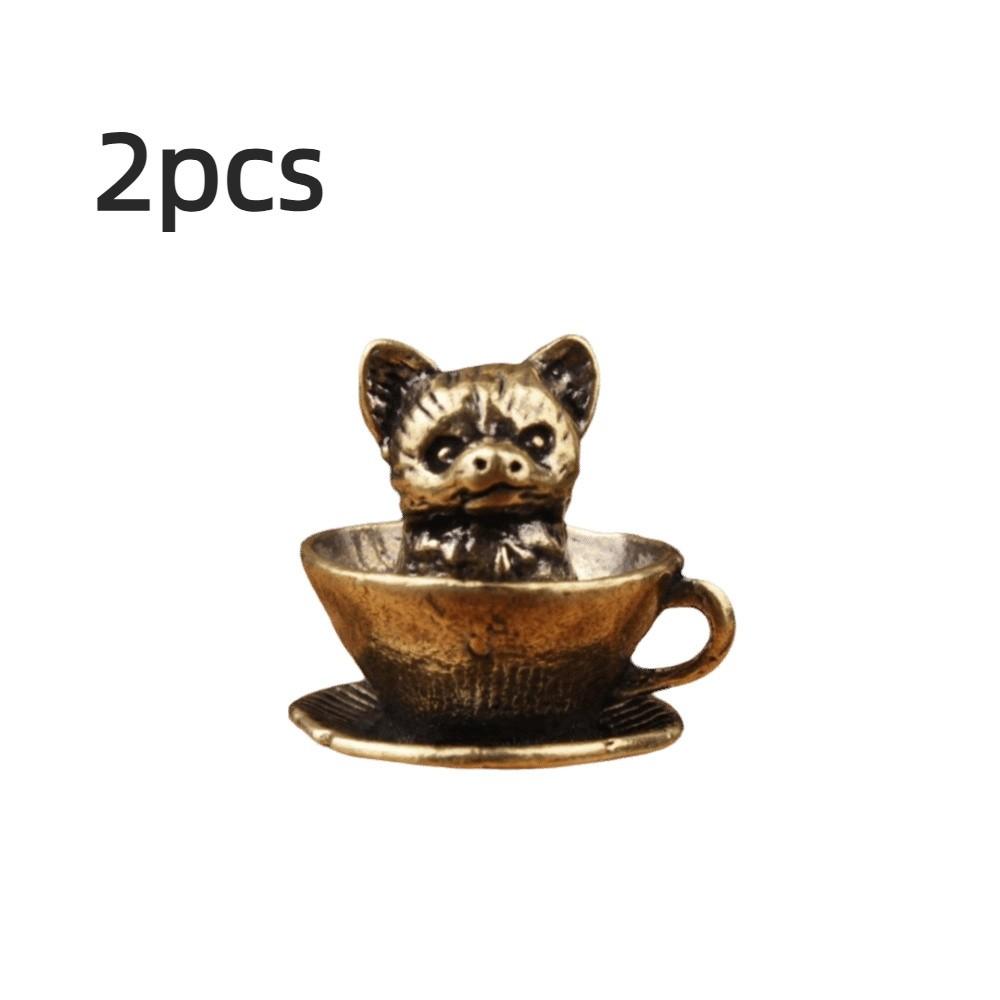 2pcs Exquisite Mini Coffee Cup Pet Figurines Brass Copper Carving Coffee Cup Pet Statue Cat Dog Sculpture Desk Ornaments