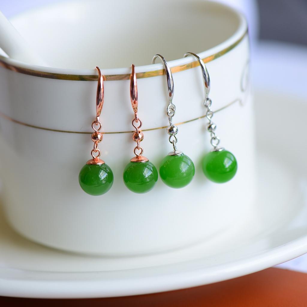 Hotan Jade Jasper S925 Silver Inlaid Bead Earrings