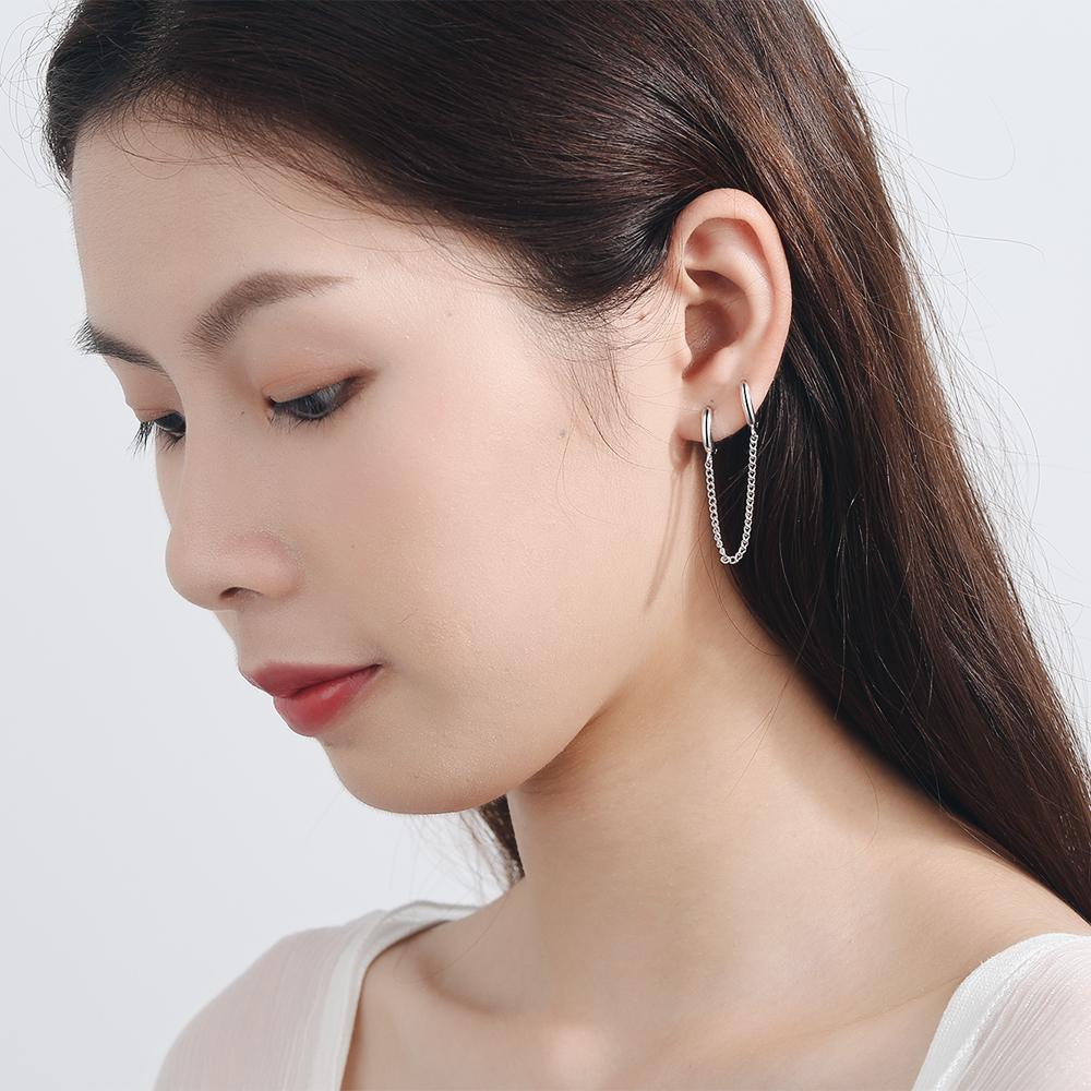 925 Silver Earring Fashion Personality Double Pierced Hole Chain Ear Bone Simple Wild Trend Boy Girl Silver Ear Jewelry