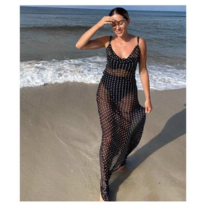 Summer Polka Dot Dots Print Nightclub Sexy Sling Open Back Shoelace Mesh See-through Sling Dress Beach Dress
