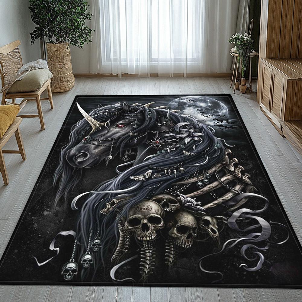 Dark unicorn skull rug gothic fantasy art carpet mystical horse moon night sky horror room decor black magic theme