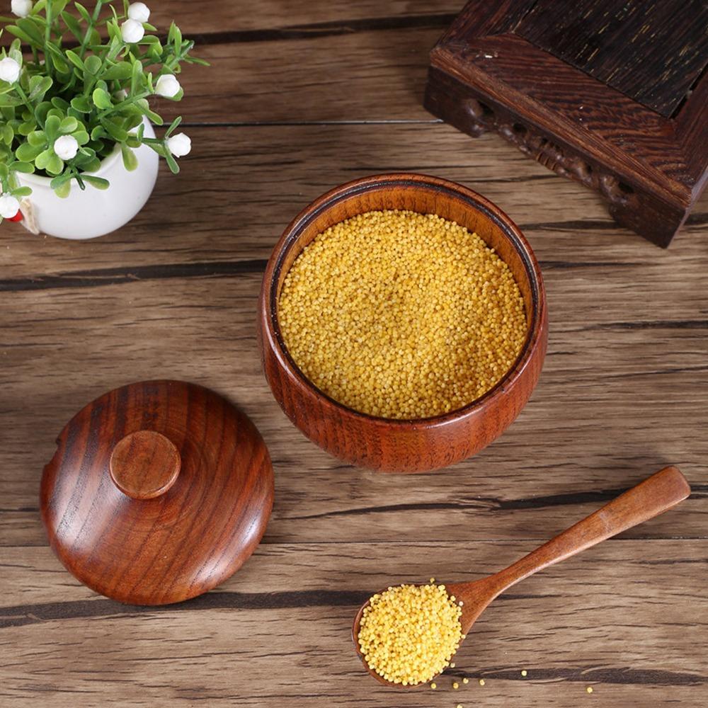 2Set Wooden Bowl Solid Wood Seasoning Jar Japanese with Lid and Spoon Sugar Bowl 2.4x3.5in Retro Seasoning Box Seasoning Storage
