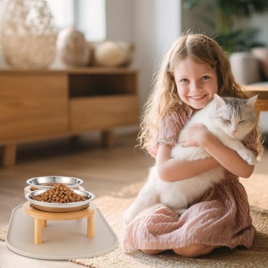 Elevated Cat Bowls with Food Mat6.3 Inches Shallow Raised Bowls Whisker Friendly 2 Stainl Steel Cat Food and Water Dishes for C