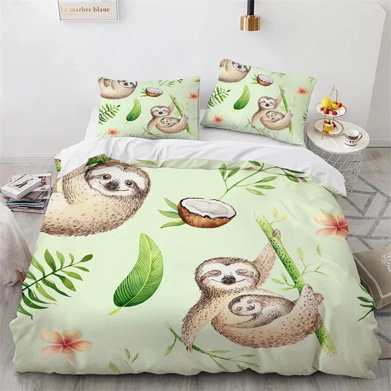 Sloth Bedding Set Kawaii Animals Comforter Cover For Boys Girls Teens,Botancial Flowers Duvet Cover Cartoon Wildlife Quilt Cover