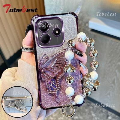 Shockproof Plating Glitter Butterfly Bracelet Case for Xiaomi Redmi Note 14 13 12 11 10 9 9S Pro Plus 4G 5G Silicone Cover