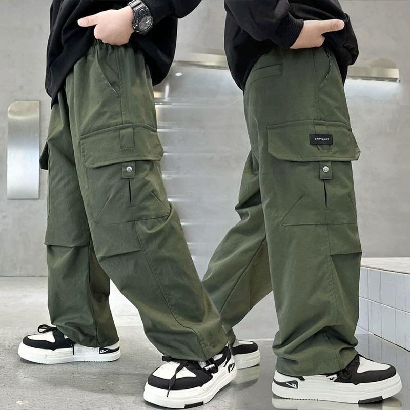 Calças de perna larga Calças de dança de rua Calças retas casuais para meninos Calças infantis com bolsos laterais Calças cargo infantis Calças hip hop