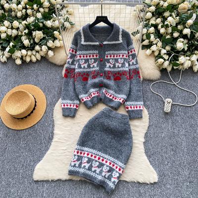 Autumn Winter Women Casual Print Knitted Twist Sweater Two Piece Set Single Breasted Cardigan Jacket and Mini Bodycon Skirt Christmas Outfit