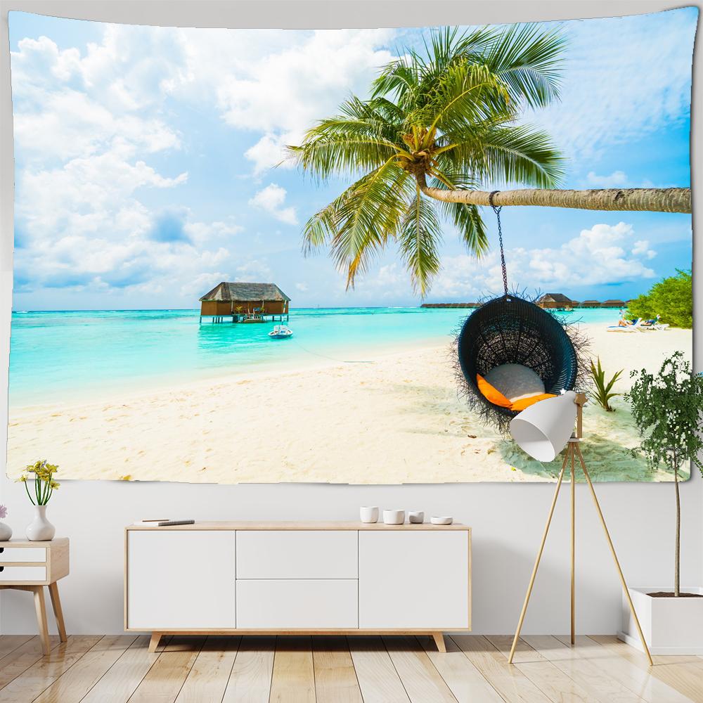 Beautiful Sea Scenery Tapestry Sea Vintage Beach Seascape Palm Tree Tapestry Wall Hanging Tapestries Boho Bedroom Wall Rug Premium Quality