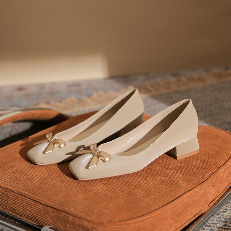 Square head thick heel temperament bow high heel versatile women's casual shoes middle heel comfortable women's shoes
