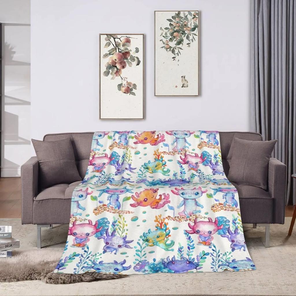 Cartoon Axolotl Blanket Kawaii Ocean Animal Throw Blankets for All Season Seaweed Aquarium Soft Flannel Sofa Blanket for Kids