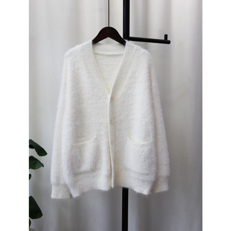 Imitation mink velvet knitted cardigan women's loose V-neck versatile solid color autumn and winter new sweater jacket thick