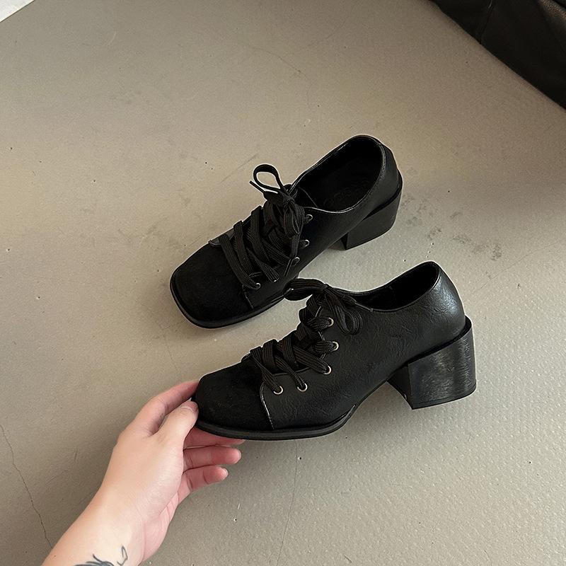 

Повседневные туфли Мэри Джейн на шнуровке, французский ретро стиль мори, темпераментные туфли на толстом каблуке, новая осенне-зимняя коллекция 2025, уличная обувь 35 чёрный