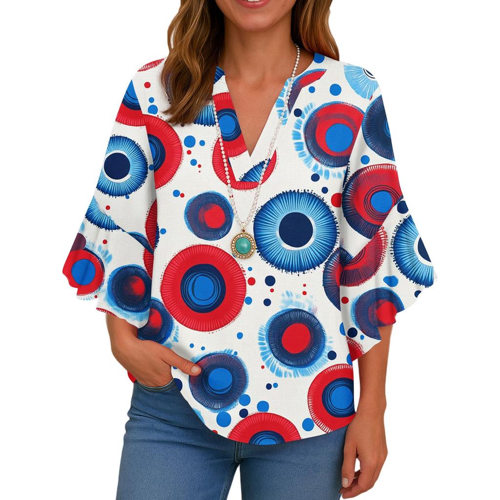 3/4-Ärmel-Hemden für Damen, bedruckte Grafik-T-Shirts, Blusen, lässige Oberteile in Übergröße, Basic-Oberteile mit Rüschenärmeln, Unabhängigkeitstag