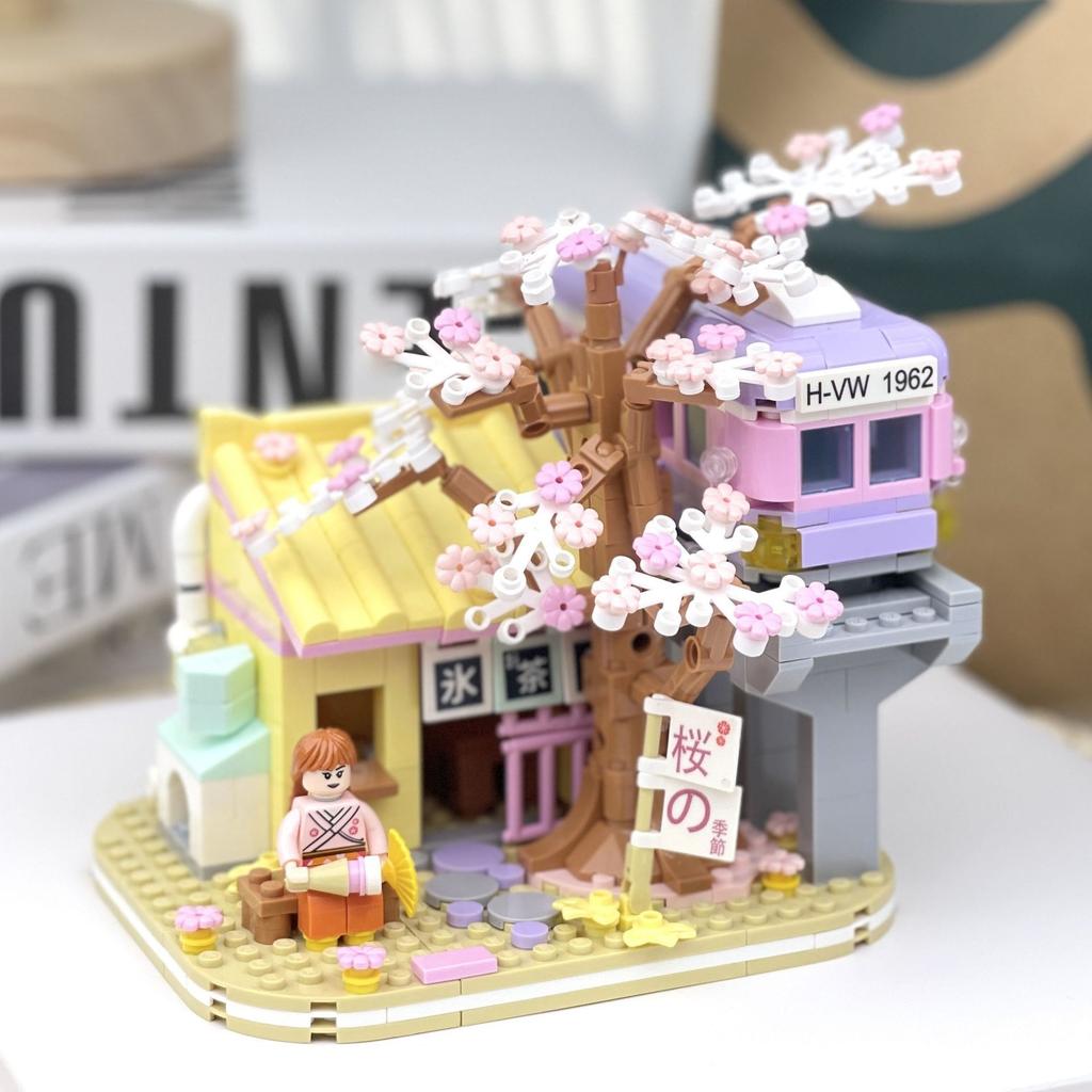 Puzzle Baustein Mini Straßenansicht Mädchen Kirschblütenbaumhaus Izakaya Zusammengebautes Spielzeug Mädchen Geschenk