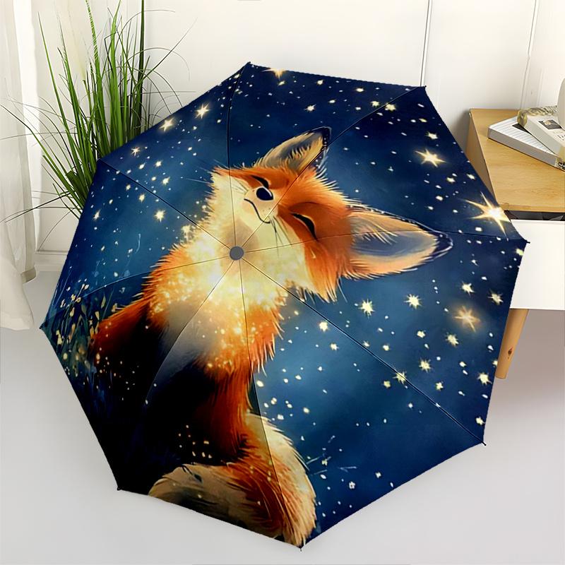 

1pc Enchanted Fox Gazing at Starry Night Sky Cartoon Umbrella, Portable 3-Fold Compact Umbrella, Suitable for Camping, Hiking and Travel, Ideal Easter