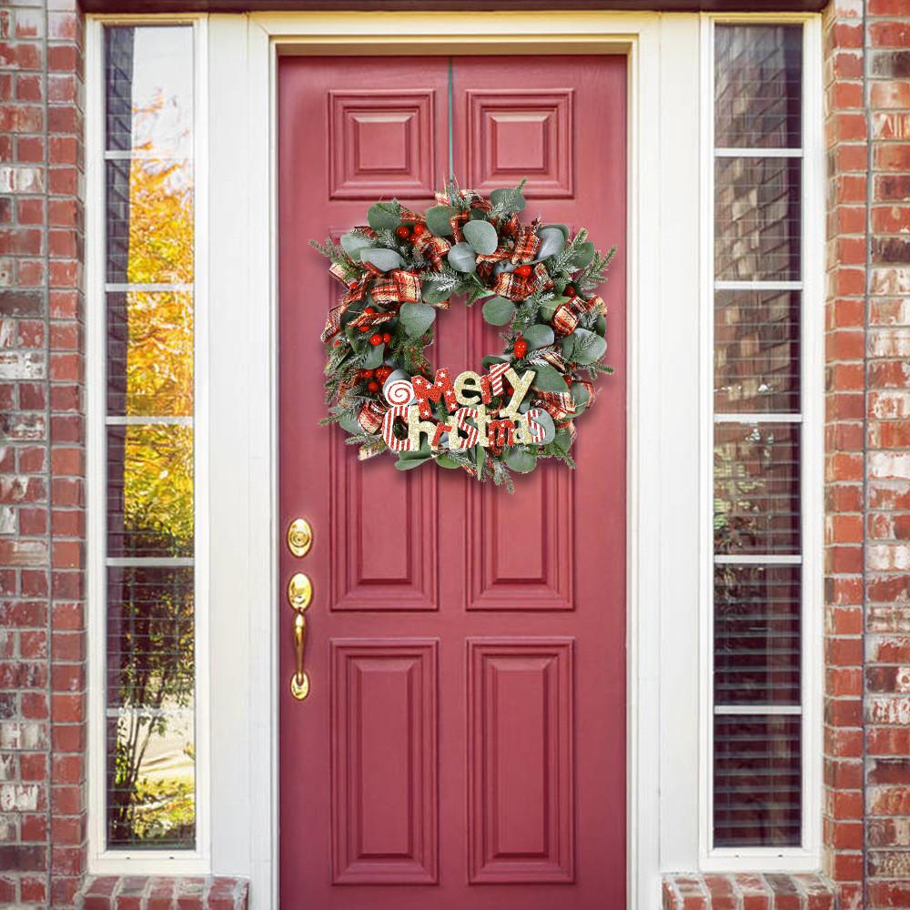 

Украшение Рождественский Яркий Венок С Зеленью Красными Шарами И Праздничной Желтой Лентой Для Декора Сезонный Letter Christmas Wreath