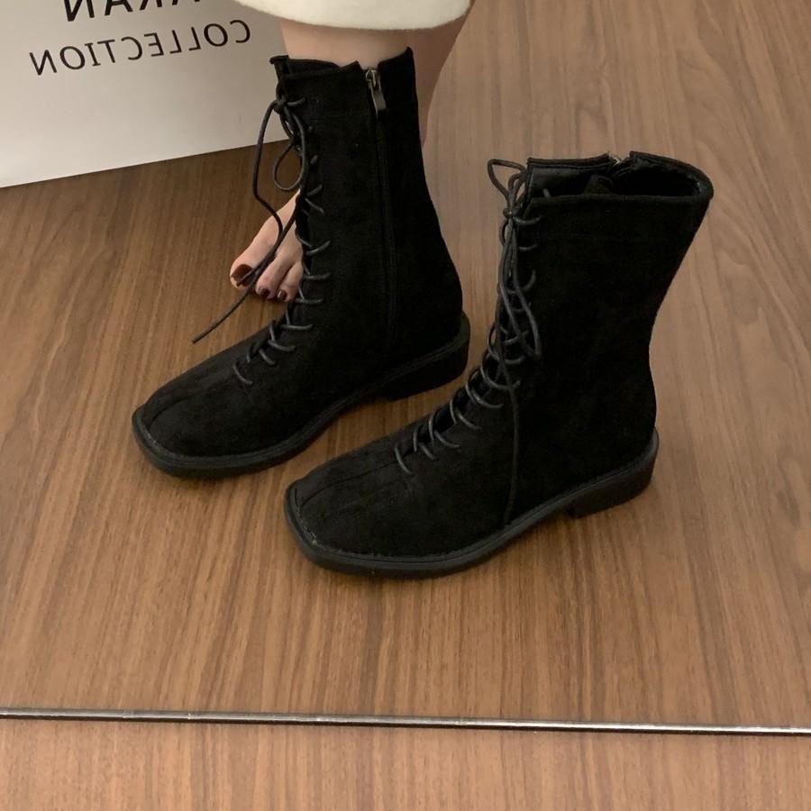 Vintage britský styl matné kožené pásky Martinovy boty dámské boty 2025 jaro a podzim nové krátké boty čtvercová špička plochá podrážka jednoboty