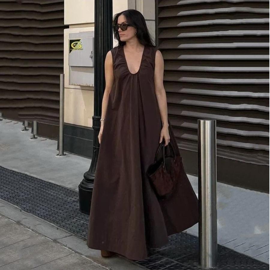 

Sleeveless Dress, Pure Cotton Vacation Casual U-neck Loose Long Skirt Dress L коричневый