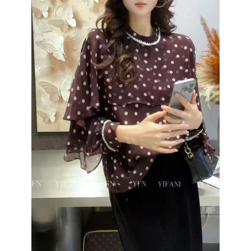 

Spring, Summer, Autumn and Winter Can Be Worn! Girl Fan Stand Collar Fake Two Pieces Lotus Leaf Sleeve Poplin Silk Polka Dot Pullover Sequins Shirts Black L