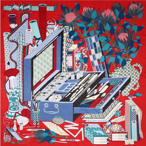

POBING 130x130cm Square Silk Scarf Women Luxury ToolBox Floral Print Foulard Silk Head Scarves Stoles Femme Twill Scarf
