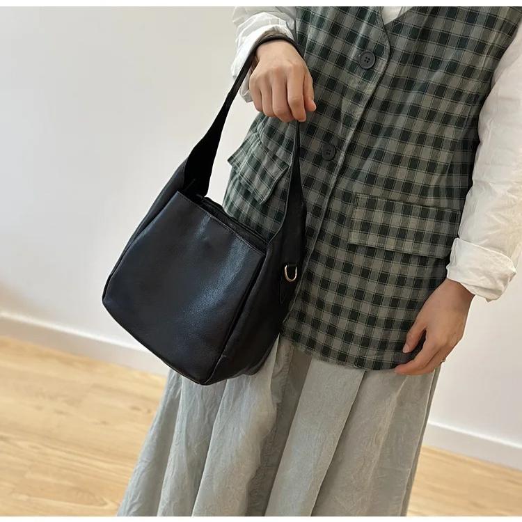 Johnature Genuine Leather Retro Women's Bag Commuting Soft Cowhide Solid Color Handbag Versatile Shoulder Bag