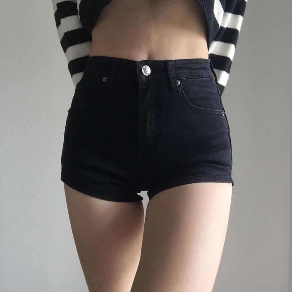 Синие джинсовые шорты, женские летние однотонные короткие джинсы с высокой талией, сексуальные эластичные джинсовые шорты с разрезом, женские джинсовые шорты в стиле ретро XS чёрный