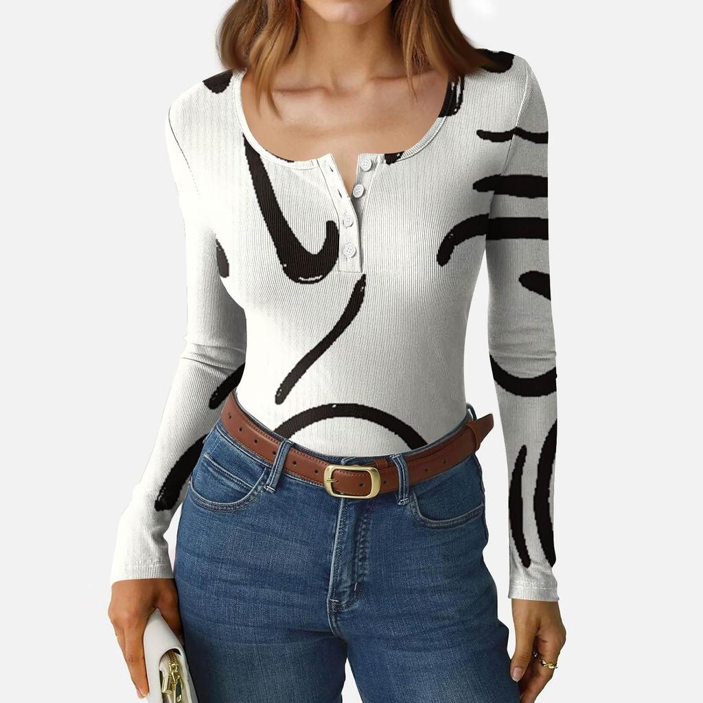 Women's Slim Bottom T-shirt Fashion Casual Gradient Printing Round Neck Pullover Long Sleeve Top