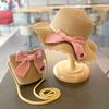 Sommer Baby Mädchen Strohhut und Umhängetasche 2er Set Eltern-Kind Breiter Rand Spitze Urlaubsstrand Sonnenhüte Outdoor Eimerhut