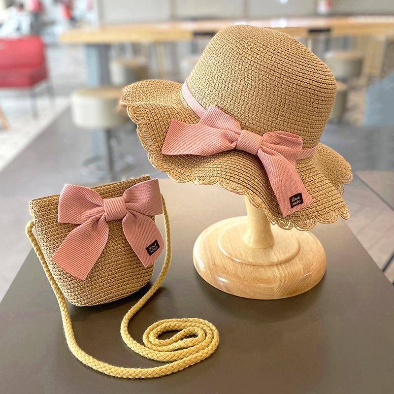 Sommer Baby Mädchen Strohhut und Umhängetasche 2er Set Eltern-Kind Breiter Rand Spitze Urlaubsstrand Sonnenhüte Outdoor Eimerhut