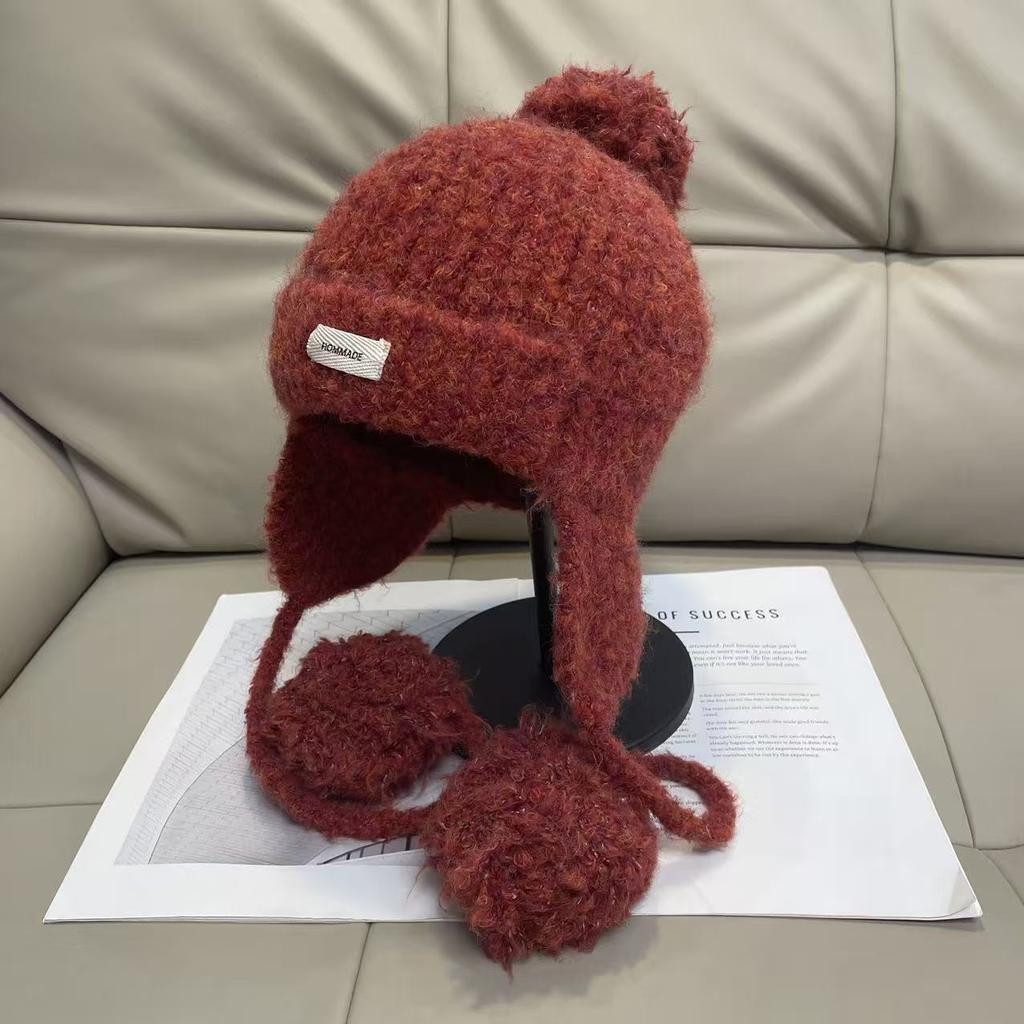 Wool Ball Knitted Woolen Hat for Women In Autumn and Winter Ear Protection Flying Hat Warm and Versatile Showing Face Small Ski Lei Feng Hat