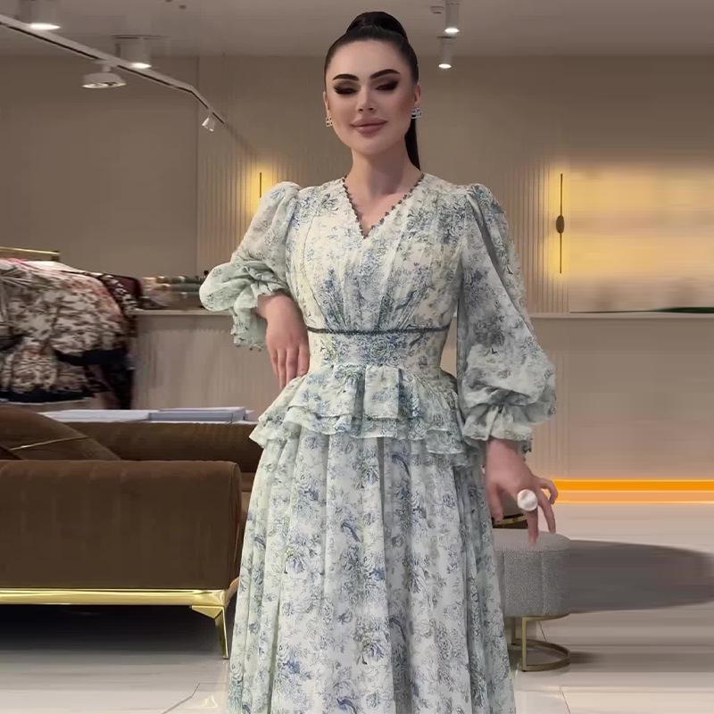 2024 Autumn Elegant High Waist Printed Spliced Two-Piece Long Dress