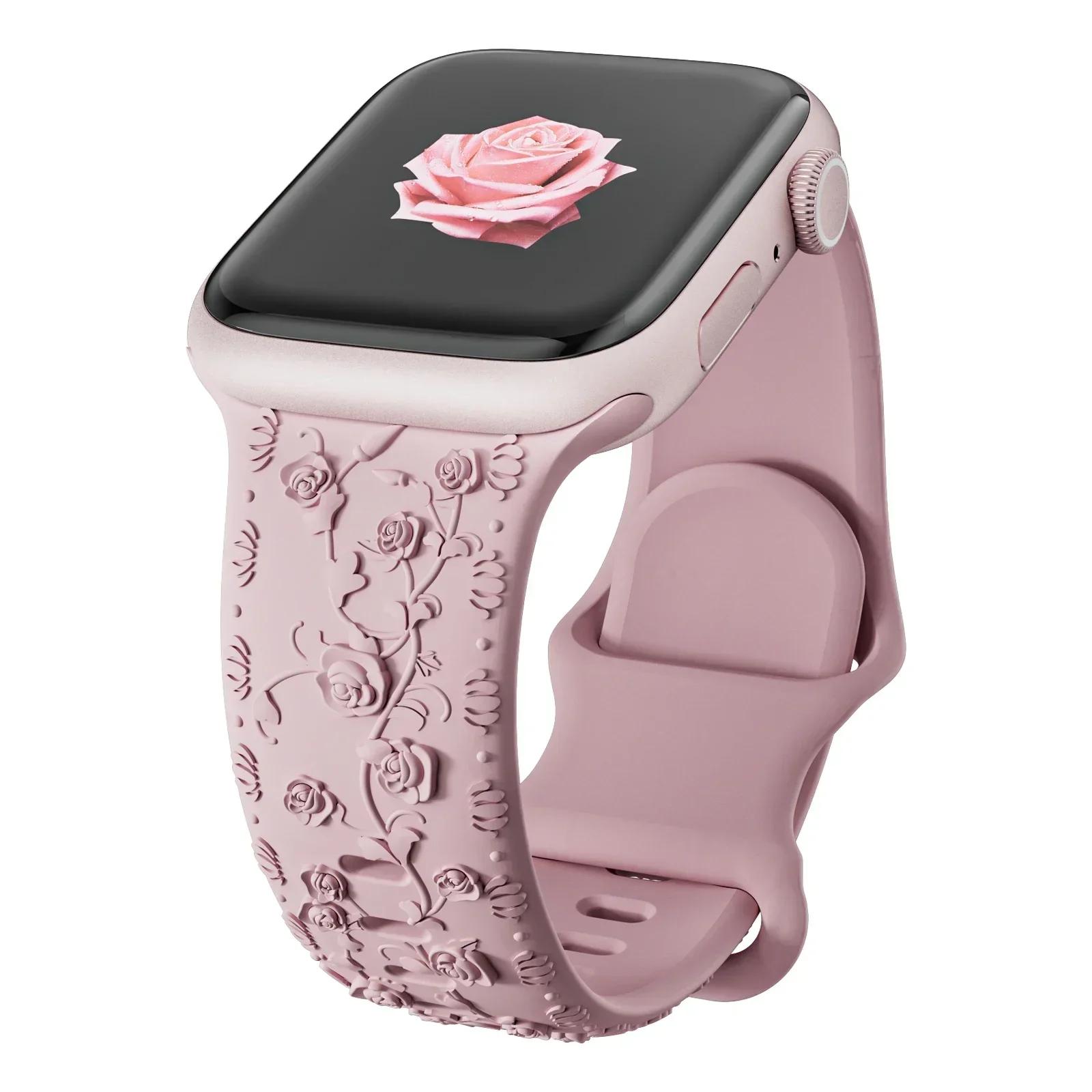 

Ремінець із квітковим гравіюванням для Apple Watch Band 40 мм 44 мм 41 мм 49 мм 45 мм 38 мм 42 мм силіконовий браслет iwatch series 9 7 se 6 8 ultra 2 38mm 40mm 41mm