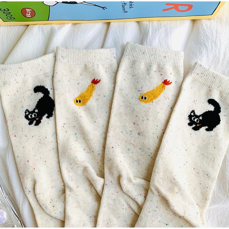2 Pairs Autumn Vintage Women Cat Fish Printed Socks Cute Cartoon Middle Tube Soft Thermal Warm Crew Sock