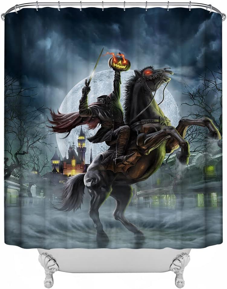 Gothic Medieval Horseman Halloween Shower Curtain Creepy Castle Pumpkin Full Moon Horror Headless Horseman Decor Hooks W60H190(CM)-1 Pcs
