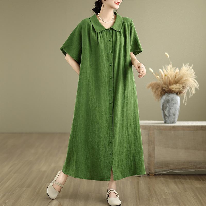 

Real shot summer new literary large size loose solid color doll collar short sleeve dress women s clothing medium and long XL зелёный