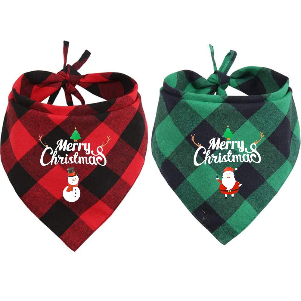 Merry Christmas 2 Pack Dog Bandana Christmas Classic Plaid Pet Scarf Santa Snowman Print Pet Drool Towel Xmas Accessories Scarf