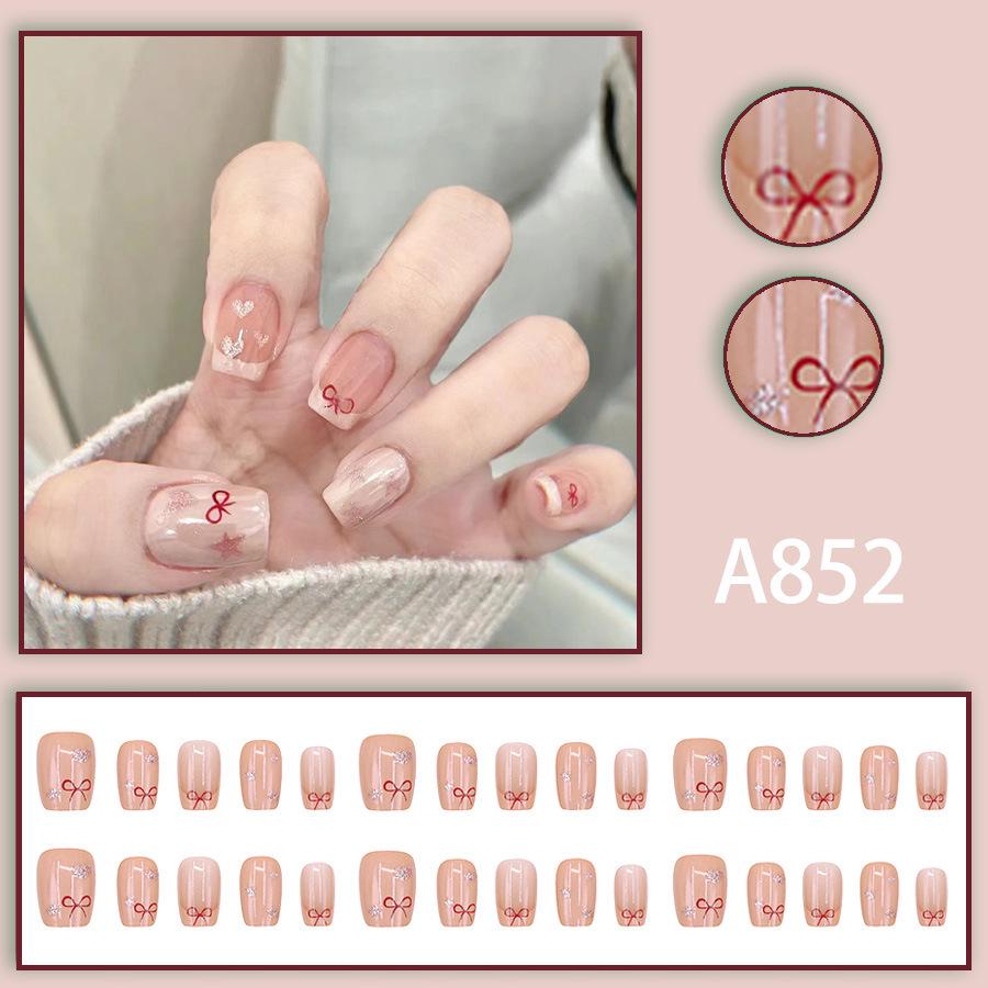 French Star Crystal Heart Student Style Short Wearable Nail Stickers - 30 Pack