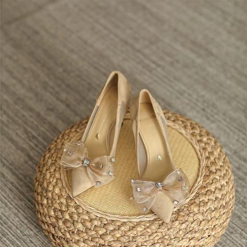 Knot Mesh Yarn Slender Heel High Heels Women's Shoes  Spring & Summer New Pointed Tip Shallow Mouth Single Shoe Female