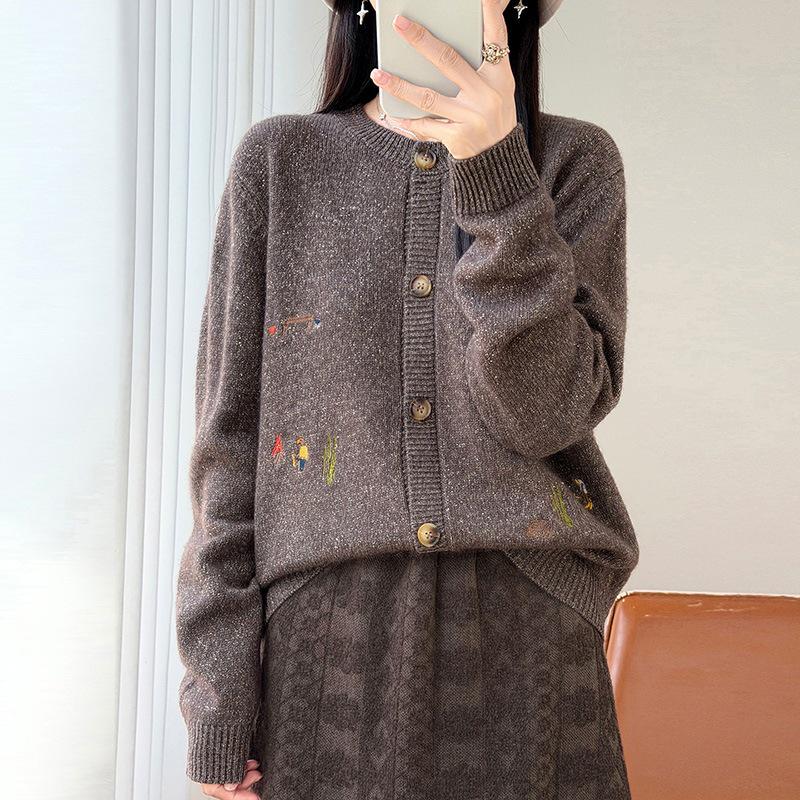 2026 Autumn/Winter Pure Wool Knit Cardigan with Lurex Cactus Embroidery