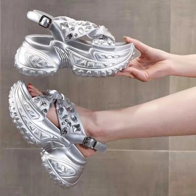 Sandales compensées à plateforme en tissu synthétique microfibre pour femmes, chaussures d'été décontractées à bout ouvert avec strass, pantoufles creuses, 8 cm