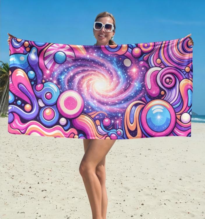 Psychedelic Liquid Swirl Beach Towel, Microfiber Sand Free Quick Dry, Retro 70s Hippie Print, Soft Absorbent for Summer & Pool