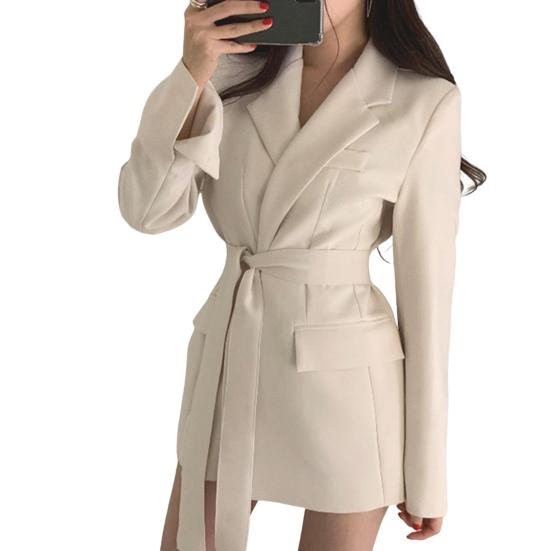 Spring Autumn Suit Coat Lapel Long Sleeve Lace-up Strap Waist Suit Jacket Solid Color Flap Pockets