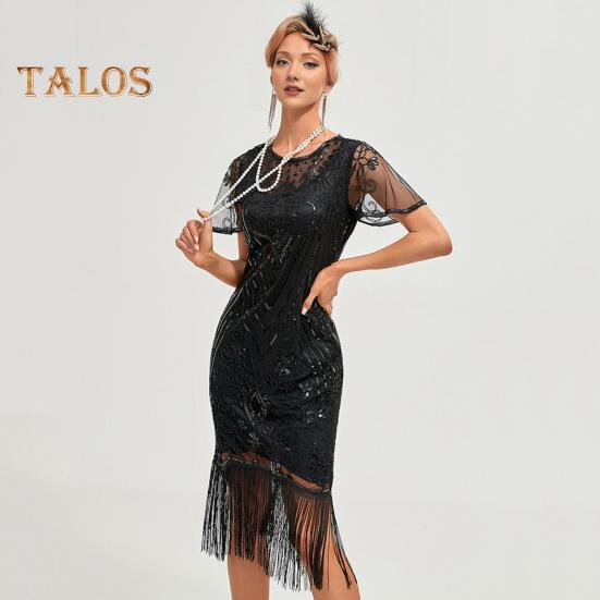 Ballkleid für Damen im Vintage-Stil, mit hohler Spitze, Quaste und Pailletten-Dekor, durchsichtig, runder Halsausschnitt, kurze Ärmel, schmale Passform, Reißverschluss auf der Rückseite, Cocktailparty