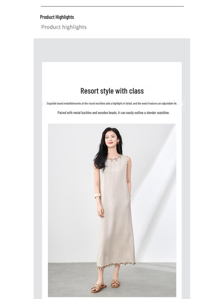Ärmelloses Kleid im Bohemian-Stil aus Leinen-Tencel mit Muschel-Anhänger & Quaste für Damen
